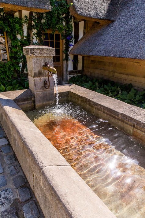 Ce long et étroit bassin en pierre de taille a été confectionné sur mesure par l'Atelier Alain BIDAL, maître artisan tailleur de pierre installé à l'Isle sur la Sorgue en Provence (#atelierbidal). Il est doté d'un étroit fronton de style petit pilier en pierre orné d'une ancienne sortie d'eau à large débit, et de margelles massives en pierre taillées de telle façon pour faire penser à des margelles de lavoir. Large Backyard Landscaping, Resort Architecture, Cozy Patio, Country House Hotels, Small Pools, Large Backyard, Swimming Pools Backyard, Garden Fountains, Side Yard