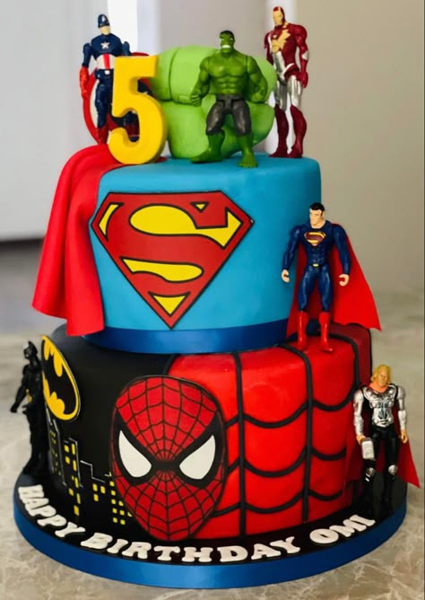 Superhero Theme Birthday Cake, The Avengers Cake Birthdays, Avengers Cake 2 Tier, Birthday Cake Boy 4th Birthday, Superhero Bday Cake, Super Heroes Cakes, Marvel Heroes Cake, Avengers Cake Ideas Birthdays, Marvel 3rd Birthday Cake