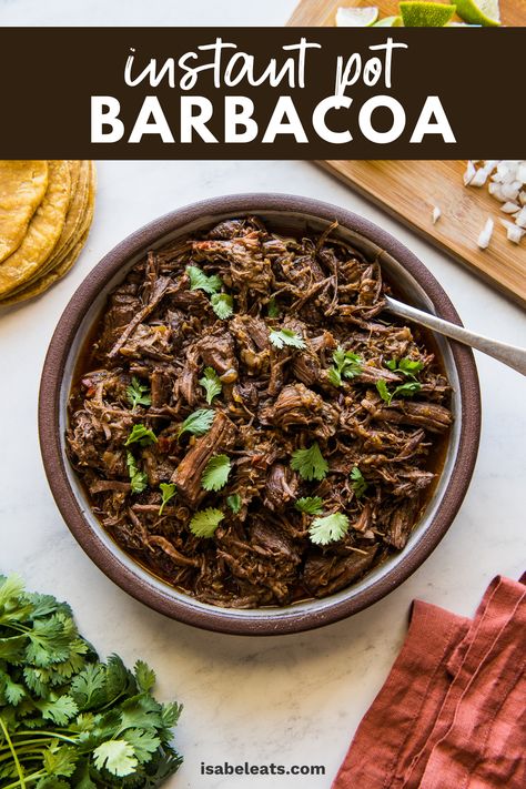 This Barbacoa Beef recipe makes tender and juicy shredded barbacoa in only 90 minutes in the Instant Pot pressure cooker! It's perfect for using in Mexican dishes like tacos, burritos, gorditas, and sopes, or served with a side of rice and beans. Instant Pot Machaca Beef, Pressure Cooker Meat, Mexican Barbacoa Recipe, Isabel Eats, Barbacoa Recipe, Hispanic Recipes, Ip Recipes, Mexican Menu, Taco Time