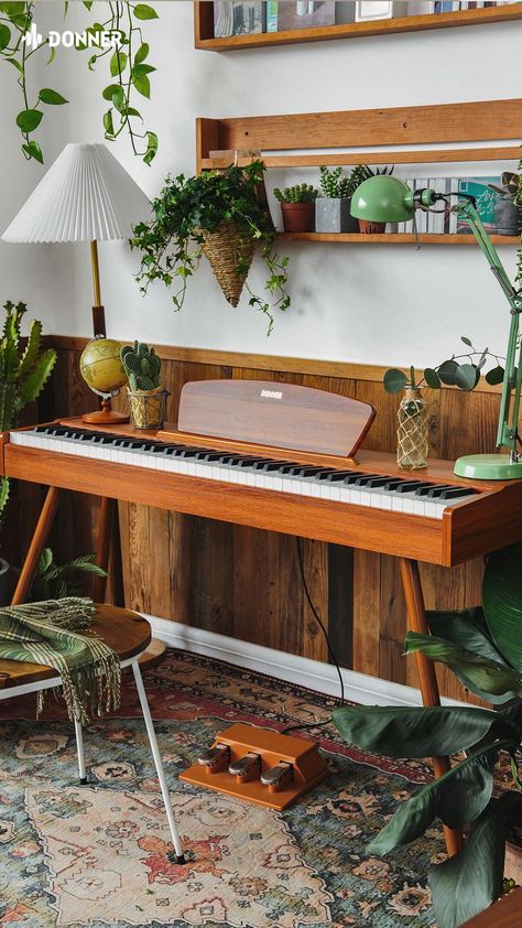 Pianos In Living Room, Electric Piano Decorating Ideas, Study With Piano, Donner Digital Piano, Piano Mid Century Modern, Piano Apartment Small Spaces, Front Room Piano, Music Corner Living Room Keyboard, Piano In House Interior Design