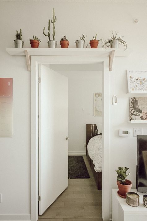 Doorway plant shelf Over Door Plant Shelf, Above Door Plant Shelf, Plants Over Doorway, Plant Shelf Above Doorway, Built In Plant Shelf, Narrow Shelf Ideas, Small Doorway Ideas, Diy Plant Shelf Indoor, Hallway Nook Ideas