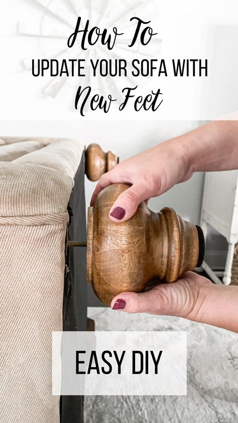 Changing Out Sofa Legs, Ikea Sofa Legs Hack, Couch Feet Replacement, Couch Legs Replacement, Raise Couch Height Diy, Couch Legs Ideas, Reupholster Sofa Diy, Diy Couch Legs Ideas, Diy Couch Risers