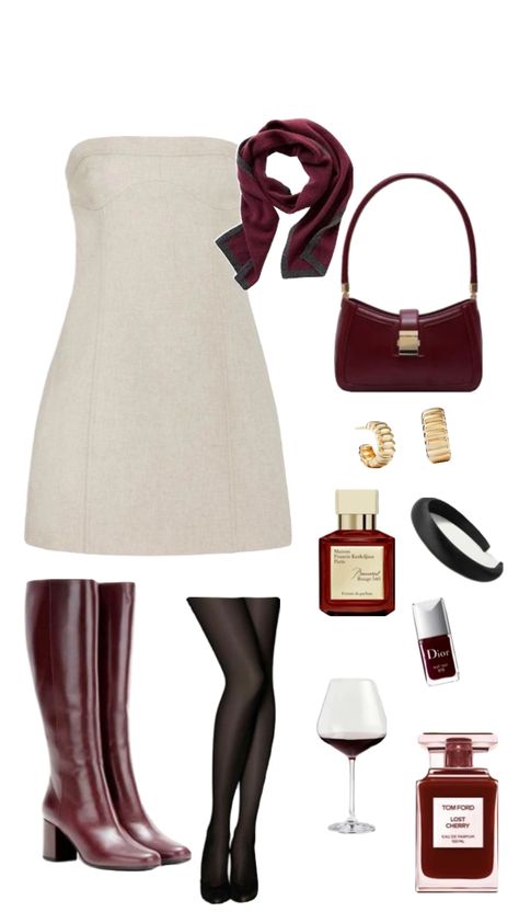 Outfit With Burgundy Boots, Cherry Boots Outfit, Cherry Skirt Outfits, The Nutcracker Outfit Ideas, Cherry Aesthetics Outfit, Geneva Core, Cherry Red Boots Outfit, Nutcracker Outfit What To Wear To The, Wine Outfits For Women