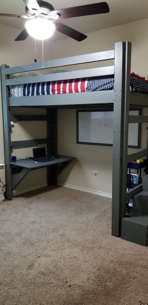 Loft Beds With Desk Underneath, Gamer Loft Beds, Teen Boys Loft Bed, Diy Bed With Desk Underneath, Lift Bedroom Ideas, Diy Desk Under Loft Bed, Loft Bed With Stairs And Desk, Diy Bunk Bed With Desk, Built In Loft Bed With Stairs