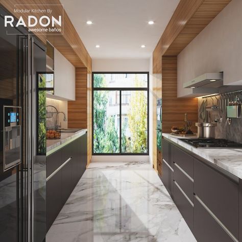 Luxurious Look Modular Kitchen by RADON Small Parallel Kitchen, Small Parallel Kitchen Ideas, Parallel Kitchen Design Modern, Kitchen Design Modern Luxury, Parallel Kitchen Design, Luxury Kitchen Design Modern, Small Modern Kitchen Design, Small Modern Kitchens, Kitchen Modular