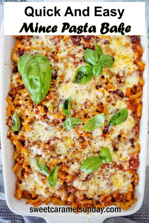 Pasta bake in white baking dish with basil leaves. There is text written at the top of the image. One Pot Pasta Minced Meat, Mince And Pasta Recipes, Creamy Mince Pasta, Mince Mac And Cheese, Mince Pasta Bake, Pasta Bake Easy, Oven Baked Recipes, Beef Pasta, Mince Recipes