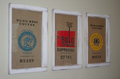 So clever -- the work of Tammy at Housing a Forest.  Repurposed coffee sacks and vintage windows. Coffee Bean Sacks, Cafe Theme, Burlap Coffee Bags, Artsy Projects, Coffee Bean Bags, Coffee Sack, Coffee Sacks, Burlap Projects, Graphic Wall Art