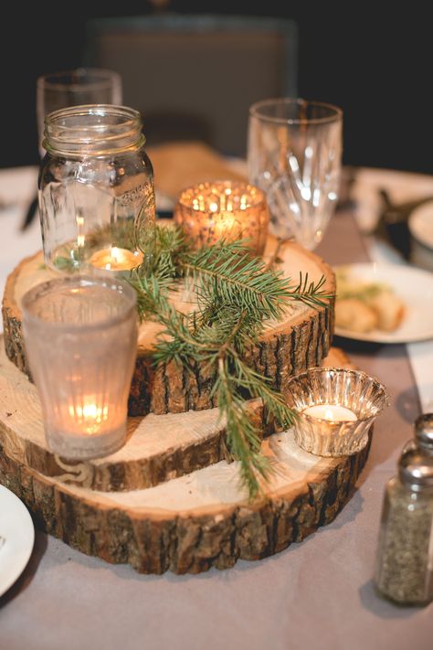 Winter Wedding Table Decorations - Love what you found? Click and visit to find more. Do It TODAY! Tree Logs Wedding Decor, Tree Log Centerpieces, Tree Rounds Centerpiece, Snow Wedding Centerpieces, Rustic Winter Backdrop, Round Wood Decor Tree Slices, Tree Bark Centerpieces Wedding, Log Slices Centerpiece, Wood Cookies Wedding Decor