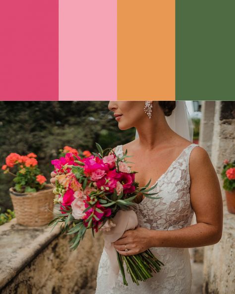 Exotic Liras Pink, Saira Red, Fall River, and Jungle Adventure Green Floral Color Palette | Image by Carlos Elizondo Sage Orange Fuchsia Wedding, Pink Orange White Green Wedding, Wedding Colors Tropical, Fuscia Wedding Palette, Green Pink And Orange Wedding, Red Orange Pink Wedding Color Palettes, Green And Pink Wedding Colors, Pink And Green Wedding Colors, Green And Pink Wedding Theme