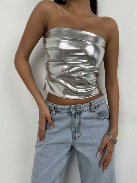 Silver Party Collar Sleeveless Knitted Fabric Plain  Embellished Medium Stretch  Women Clothing Fiesta Outfit, Denim And Diamonds, Silver Party, Shein Icon, Concert Fits, Bandeau Top, Kids Beachwear, Women Tops, Concert Outfit