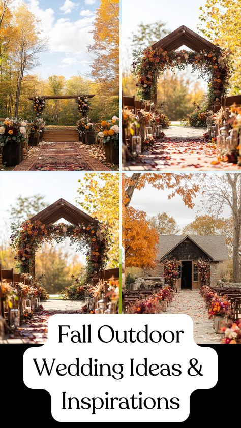 A beautifully decorated fall outdoor wedding ceremony with warm autumn colors, featuring seasonal floral arrangements, rustic decor, and a cozy, intimate setup under a clear sky surrounded by vibrant fall foliage. Fall Backyard Wedding Decor, Outdoor Fall Wedding Ideas October Decor, Outdoor Wedding Fall Ideas, Mums At Wedding Ceremony, Fall Wedding Outdoor Ceremony, Small Fall Backyard Wedding, Fall Isle Decorations Wedding, Fall Woods Wedding Ceremony, Vermont Fall Wedding Ideas