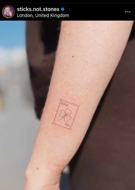 Sticks not stones London Clover Stamp Tattoo, Northern Irish Tattoos, Clover Matching Tattoo, Tattoos In Irish, Ireland Postage Stamp Tattoo, Small Irish Tattoos For Men, Irish Post Stamp Tattoo, Cute Four Leaf Clover Tattoo, Tattoos For Ireland