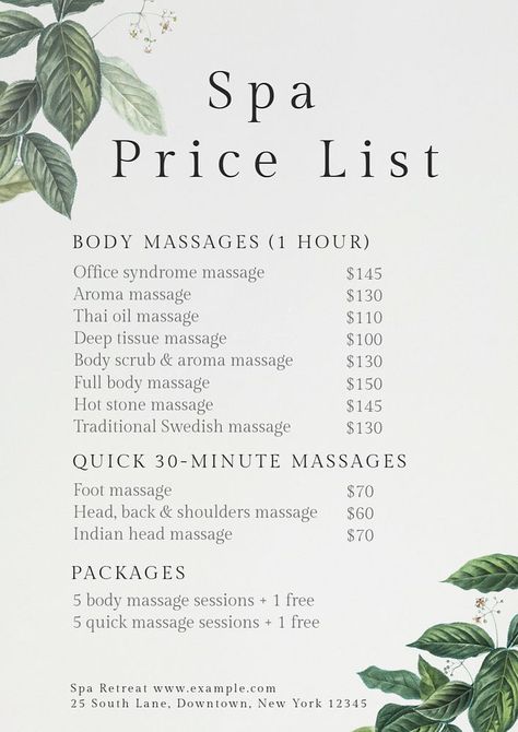 Spa price list editable poster template | premium image by rawpixel.com / Napas Massage Price List Ideas, Spa Menu Ideas, Massage Price List, Spa Menu Design, Mosque Poster, Spa Price List, Menu Spa, Massage Prices, Price List Design