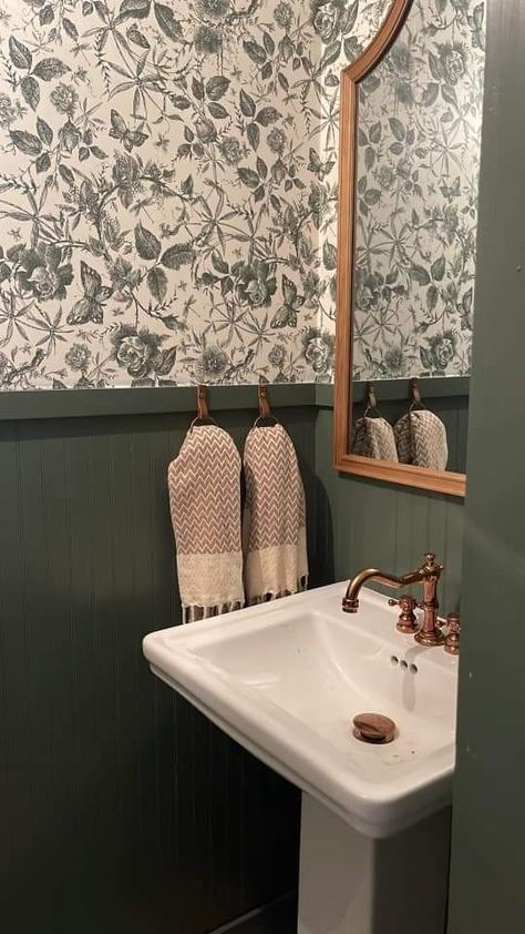 Powder Room Beadboard Wainscoting, Small Farmhouse Half Bathroom, Powder Room With Beadboard Walls, Small Powder Room Wallpaper Vintage, Cottagecore Powder Room, Wainscoting Bathroom Wallpaper, Traditional Half Bath, Powder Room Wainscoting Ideas, Half Bath Under Staircase