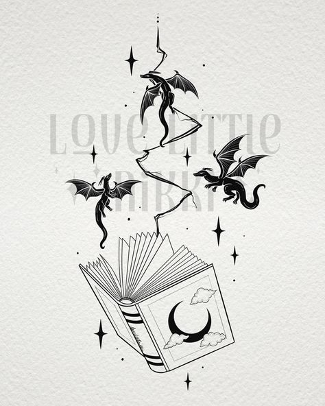 Dragon With Lightning Tattoo, Dragon And Books Art, Fantasy Books Drawing, Book And Heart Tattoo, Book Open Tattoo, Dragon Book Tattoo For Women, Book And Dragon Tattoo, Flying Books Drawing, Fourth Wing Tattoo Designs