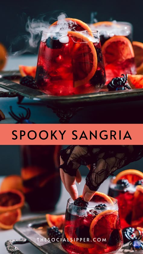 Spooky Party Food Ideas, Halloween Party Food Items, Sangria Halloween Drinks, Spooky Halloween Sangria, Psychic Party Decorations, Halloween Drink Bar Ideas, Hocus Pocus Themed Cocktails, Hocus Pocus Party Adults, Halloween Movie Night Drinks