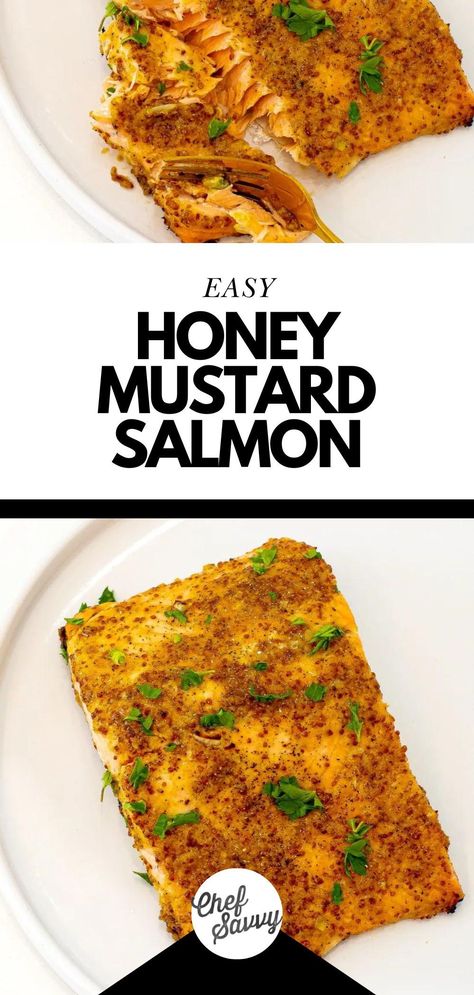 Save this Easy Baked Honey Mustard Salmon Recipe. This Honey Mustard Salmon is an easy-to-make dish that is quick and nutritious! Marinated with a blend of honey, mustard, and spices, this salmon has the perfect combination of sweet and tangy flavors that goes with all of your favorite side dishes! Follow Chef Savvy for more Lunches and Dinners! Honey Mustard Salmon Recipes, Chef Savvy, Honey Mustard Salmon, Sauce For Salmon, Mustard Salmon, Marinated Salmon, Easy Main Dishes, Family Friendly Recipes, Healthy Salmon