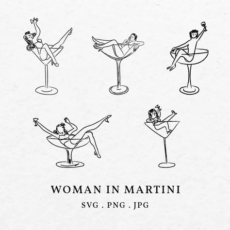 Outline To Paint, Hand Drawn Illustrations, Bachelorette Party Illustration, Martini Glass Tattoos, Vintage Party Illustration, Party Drawing Illustration, Bachelorette Illustration, Woman Illustration Drawing, Shot Glass Illustration