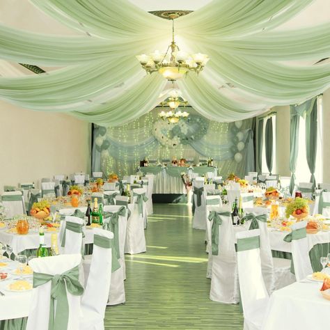 Chiffon Draping, Green Quinceanera Theme, Tiana Wedding, Ceiling Drapes, Quince Decor, Wedding Ceiling, Ceiling Draping, Wedding Archway, Quince Decorations