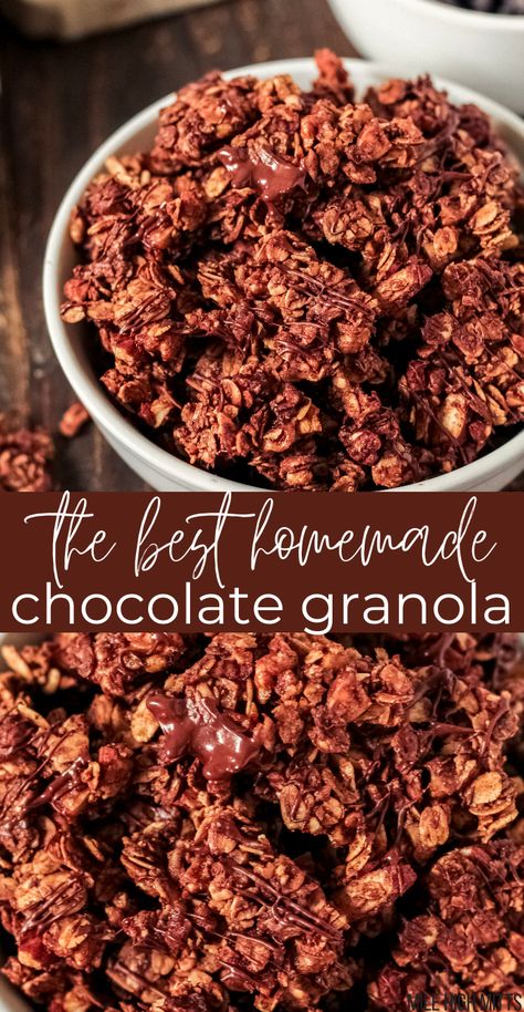 Chocolate granola in a bowl Double Chocolate Granola, Homemade Granola Chocolate Chip, Granola Clusters Recipe Nut Free, Chocolate Granola Recipe Homemade, Copycat Love Crunch Granola, Brownie Granola Recipe, Homemade Granola Chocolate, Cocoa Granola Recipe, Dark Chocolate Granola Recipe