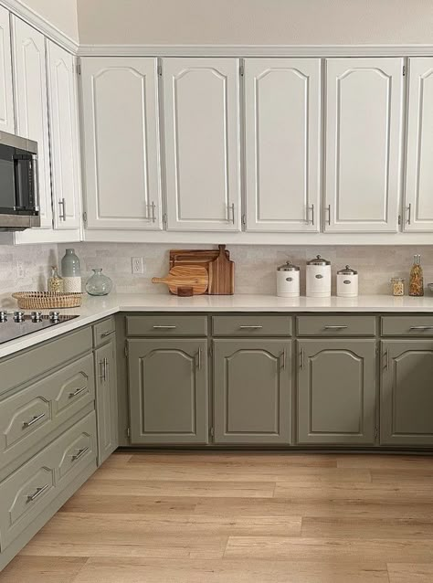 Two Toned Kitchen Cabinets Farmhouse Paint, White Kitchen With Painted Cabinets, Cathedral Raised Panel Kitchen Cabinets, Kitchen Cabinets Old Style, Aged White Kitchen Cabinets, Painted Arched Kitchen Cabinets, How To Update Arched Cabinet Doors, White Cabinets Wood Doors, Cathedral Kitchen Cabinets Makeover