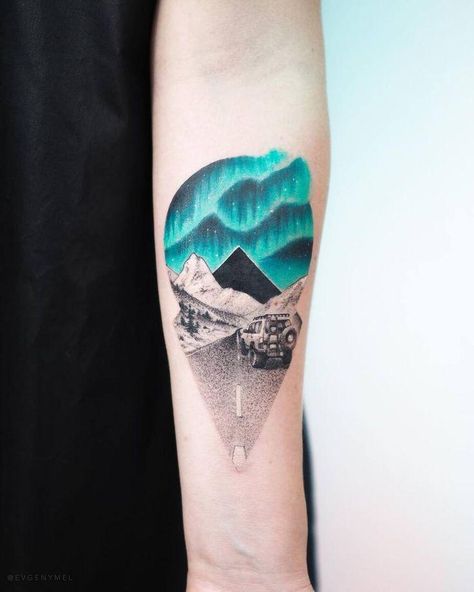 Turquoise Tattoo, Aurora Tattoo, Witcher Tattoo, Shoulder Cap Tattoo, Shape Tattoo, Landscape Tattoo, Spiritual Tattoos, Waves Tattoo, Head Tattoos