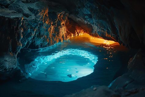 Bioluminescent Algae Lighting Up  Cave Pool for a Stunning Underwater Bioluminescent Cave, Under Water Cave, Ocean Cave, Bioluminescent Algae, Seasonal Backgrounds, Cave Pool, Underwater Caves, Cave System, Games Room