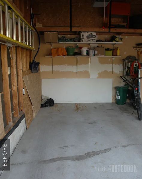 Garage Makeover - Before & After - Pink Little NotebookPink Little Notebook Old Garage Makeover Before And After, Diy Garage Remodel, Concrete Block Garage Makeover, Garage Makeover Before And After, Detached Garage Makeover, Garage Before And After, Old Garage Makeover, Garage Makeover On A Budget, Small Garage Makeover