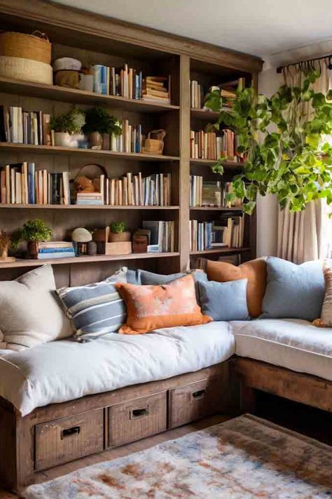 Want to create a reading nook that's tailored to your style? We've got 17+ ideas to inspire your next project. From modern to rustic, we've got the perfect spot to unwind. #CozyReadingNook #ReadingNookIdeasForAdults #CozyFurniture Built In Bookcase Reading Nook, Farmhouse Reading Corner, Reading Corner For Adults, Boys Reading Nook, Library Reading Nook, Office Reading Nook, Cozy Reading Room, Outdoor Reading Nooks, Floor To Ceiling Bookshelves