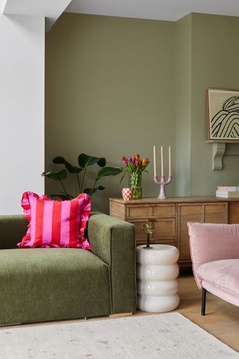 Green Accent Colors Living Room, Colourful Neutral Living Room, Different Shades Of Green Living Room, Sage Green Lounge Room, Elegant Green Living Room, Pink Green Room Decor, Light Green House Interior, Pops Of Pink Living Room, Pink Green Living Room Ideas