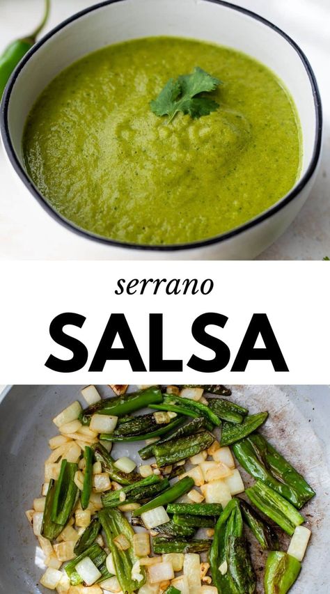 This easy Serrano Salsa recipe packs some serious flavor! Sautéed serrano peppers and aromatics are blended with lime juice and simple spices to give you a 20-minute condiment to serve with tacos, tortilla chips, and more. Salsa With Serrano Peppers, Serrano Pepper Hot Sauce, Recipes With Serrano Peppers, Serrano Recipes, Serrano Pepper Salsa, Serrano Salsa Recipe, Serrano Pepper Recipes, Serrano Salsa, Serrano Hot Sauce