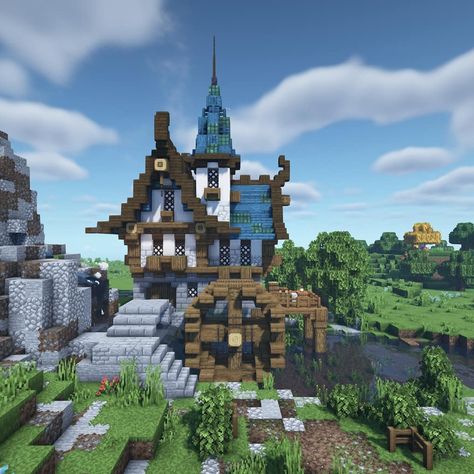 Minecraft House With Water Wheel, Minecraft Watermill House, Minecraft Water Wheel House, Minecraft Waterwheel House, Water Wheel Minecraft, Watermill Minecraft, Minecraft Water Wheel, Minecraft Watermill, Minecraft Small House