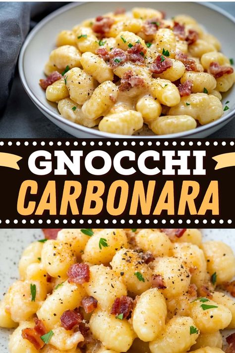 This gnocchi carbonara is a truly indulgent meal! Tender gnocchi are coated in a creamy, luxurious sauce made with pancetta and cheese. Dinner Ideas Healthy Gnocchi, Gnocchi With Pancetta, Italian Gnocchi Recipes Dinners, Ww Gnocchi Recipes, What To Cook With Gnocchi, Cooper’s Hawk Gnocchi Carbonara, Pasta Recipes Gnocchi, Gnocchi Slow Cooker Recipes, Gnocchi Kielbasa Recipes