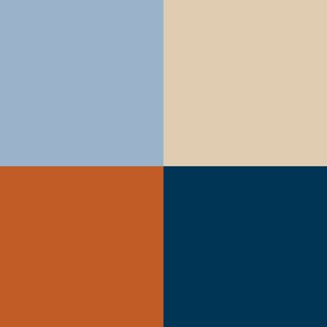 Burnt orange, beige, light grey-blue, dark/ navy blue Orange Blue Bed, Blue Orange Tan Living Room, Light Blue Burnt Orange Living Room, Burnt Orange And Blue Bedroom Ideas, Navy Blue And Light Orange Wedding, Navy Colour Pallette, Blue Orange Cream Bedroom, Light Blue And Orange Kitchen, Orange And Blue Decor Bedroom