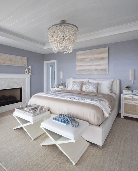 A periwinkle & oyster palette sets the relaxation mood we envisioned for this bedroom. Sweet dreams. ☁️⁠ ⁠ Design : @kandcoliving⁠ Photo : @raquellangworthy.photo Periwinkle Bedroom, Tan Bedding, Seashell Chandelier, Waterfront House, House Mediterranean, Co Living, Classy Bedroom, Wingback Bed, Transitional Bedroom