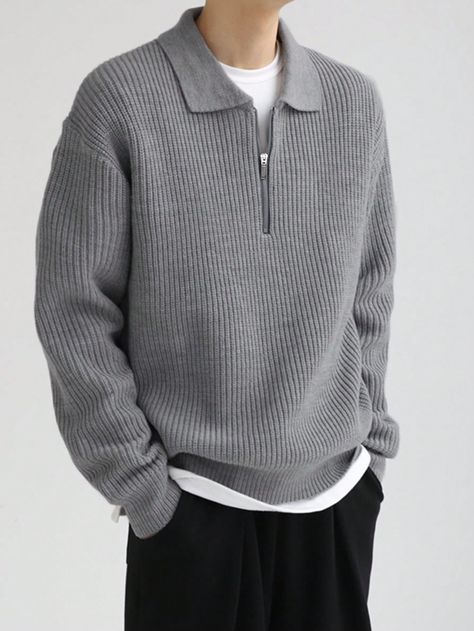 Grey Casual Collar Long Sleeve Fabric Plain Pullovers Embellished upper cuff circumference  Men Clothing Half Zip Outfit, Half Zip Pullover Outfit, Uni Fashion, Korean Street Fashion Men, Jeans Outfit Men, Spring Outfits Men, Winter Outfits Men, Drop Shoulder Sweaters, Half Zip Sweaters