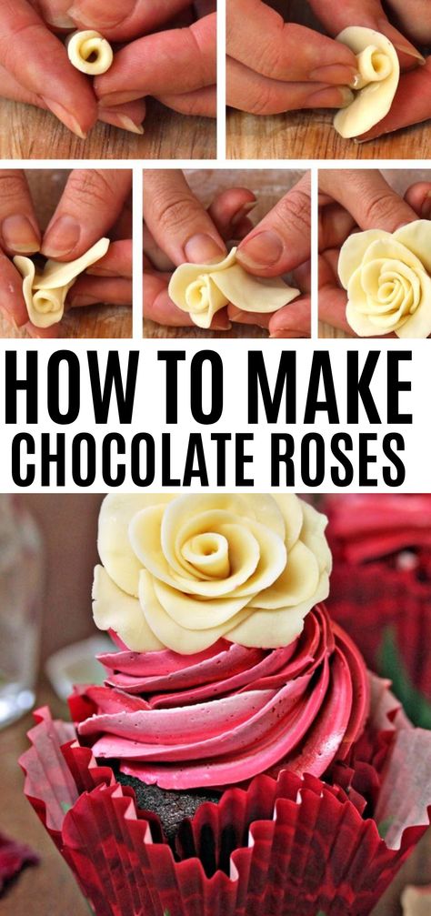 Chocolate Roses How To Make, Meringue, Edible Roses For Cake, Icing Roses On Cake, Chocolate Domes, Diy Frosting, Cupcake Frosting Tips, Red Frosting, Icing Roses