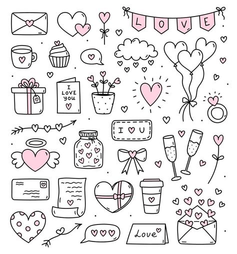 Valentines Day Love Letters, Kartu Ulang Tahun Diy, Valentine Drawing, Valentine Doodle, Valentines Day Drawing, Arte Doodle, Cute Easy Doodles, Love Scrapbook, Love Doodles