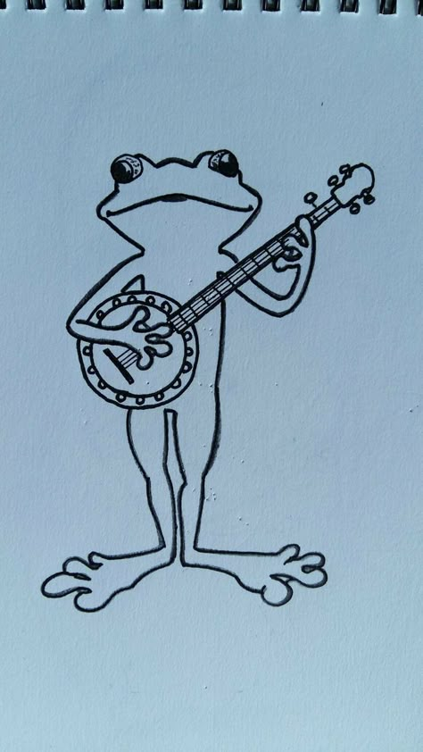 Frog Playing Instrument Drawing, Frog Playing Banjo Drawing, Banjo Drawing Simple, Frog With Guitar Drawing, Goofy Frog Tattoo, Standing Frog Tattoo, Frog Leaping Drawing, Funny Frog Drawing Sketches, Frog Playing Guitar Drawing