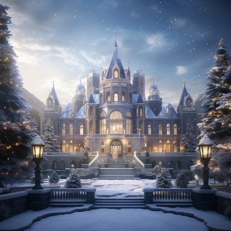 Snow Castle Fantasy Art, Winter Palace Fantasy Art, Snowy Mansion Aesthetic, Winter Mansion Exterior, Winter Kingdom Fantasy Art, Winter Castle Fantasy Art, Snow Castle Aesthetic, Fantasy Mansion Interior, Mansion Fantasy Art