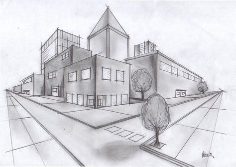 Two Point Perspective Drawing Buildings, 2 Point Perspective Drawing, Two Point Perspective, Basic Sketching, Landscape Steps, Composition Drawing, Perspective Drawing Architecture, Perspective Drawing Lessons, Building Sketch