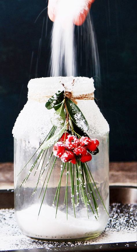 Snowy DIY Mason Jar Centerpieces {5-Minute $1 Decorations} - A Piece Of Rainbow Snowy Mason Jars, Vintage Centerpieces, Diy Mason Jar, Wine Bottle Diy Crafts, Christmas Mason Jars, Mason Jar Crafts Diy, Mason Jar Centerpieces, Christmas Jars, Jar Diy