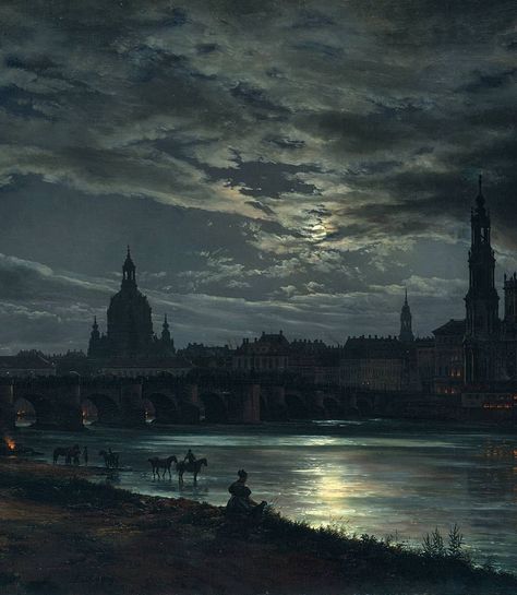 Johann Christian Dahl (1788–1857) View of Dresden by Moonlight (detail), 1839, oil on canvas, 78 x 130 cm, Galerie Neue Meister -… Johan Christian Dahl, Moonlight Painting, Arte Van Gogh, Aesthetic Painting, 판타지 아트, Ethereal Art, Classical Art, Mini Canvas Art, Scenery Wallpaper