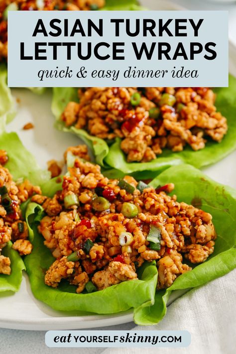 Inspired by PF Changs’ famous recipe, these Asian Turkey Lettuce Wraps are quick, easy to make and are full of so much flavor! Ground Turkey Recipes Lettuce Wraps, Lettuce Wraps Pei Wei Recipe, Teriyaki Turkey Lettuce Wraps, Healthy Ground Turkey Lettuce Wraps, Easy Turkey Lettuce Wraps, Thai Turkey Lettuce Wraps, Ground Turkey Lettuce Wraps Asian, Asian Lettuce Wraps Turkey, Thai Lettuce Wraps Chicken