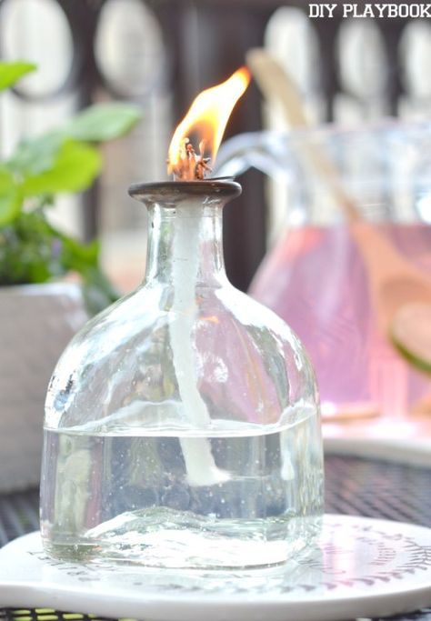 Citronella Candles Diy Wine Bottles, Repurposed Patron Bottle, Diy Bottle Lamp Ideas, Upcycled Alcohol Bottles, Wine Bottle Citronella Candles, Patron Bottle Crafts, Playground Landscape, Terrace Lighting, Patron Bottles