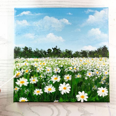 A painting of white daisy field with blue sky and fluffy clouds on green landscape Natural Painting Easy, Acrylic Painting Canvas Acrylic Painting Canvas Landscapes, Easy Flower Landscape Painting, Daisy Field Drawing, Field Of Daisies Drawing, Field With Flowers Painting, Flower Scenery Painting Easy, Diy Daisy Painting, Easy Meadow Painting