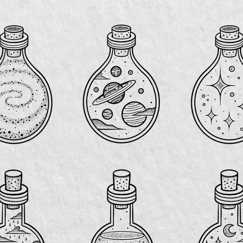 Mike Stout on Instagram: "● TERRARIUM FLASH ● ° NEW terrarium flash designs available for booking now. I’d love to tattoo these bottle bois so if your interested in more info please drop me over an email at: ° ● bookings@mikestouttattoo.co.uk ● ° ° #illustration #sketchbook #tattooflashsheet #bottletattoo #terrarium" Space In A Jar Tattoo, Space In A Bottle Tattoo, Mushroom Jar Tattoo, Spell Jar Tattoo, Enchanted Terrarium, Lightning In A Bottle Tattoo, Glass Bottle Tattoo, Potion Bottle Tattoo Design, Bottle Tattoo Design