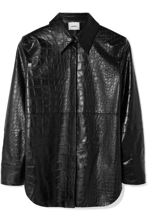 Nanushka Naum Croc-Effect Vegan Faux Leather Shirt Leather Shirt Outfit, Leather Shirts, Faux Leather Shirt, Leather T Shirt, Army Shirts, Thrift Fashion, Cold Weather Outfits, Leather Shirt, Malene Birger