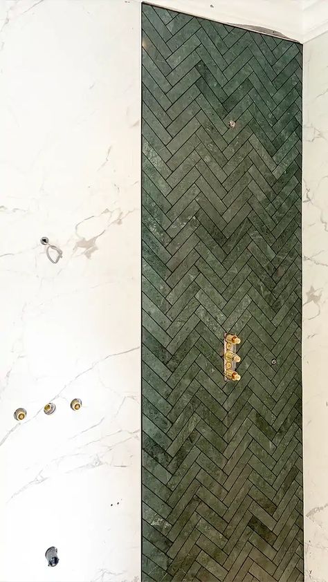 Green Herringbone Tiles Kitchen, Green Feature Tiles Bathroom, Dark Green And Marble Bathroom, Green Herringbone Tile Bathroom Floor, Dark Green Herringbone Tiles Bathroom, Dark Green Ensuite, Marble And Green Tile Bathroom, Green Tile Feature Wall Bathroom, Green Feature Tile Bathroom