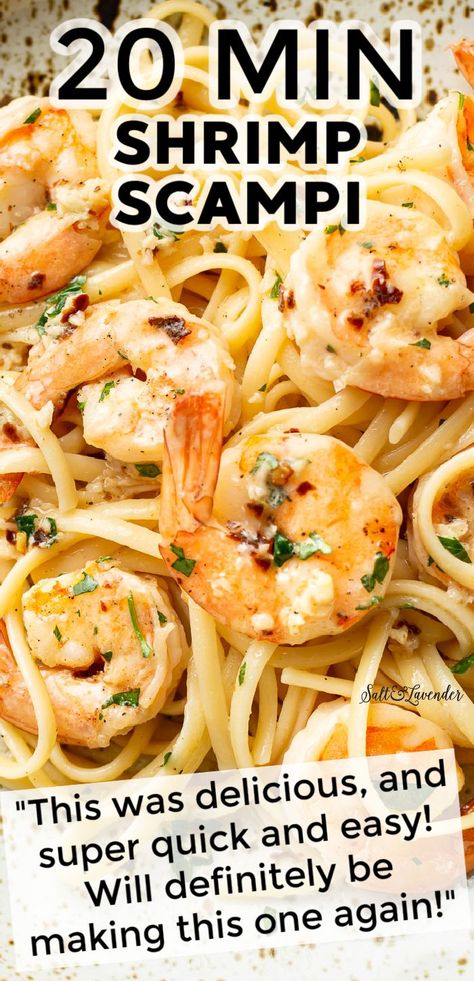 closeup of pasta with shrimp and text overlay that reads 20 min shrimp scampi - "This was delicious, and super quick and easy! Will definitely be making this one again!" Shrimp Recipes Scampi, Shrimp Over Pasta, Shrimp Scampi Over Pasta, Recipes For Shrimp And Pasta, Shrimp Pasta Scampi, Recipe With Shrimp Easy, Recipes For Cooked Shrimp, Scampi Shrimp Recipe, Pasta Shrimp Scampi